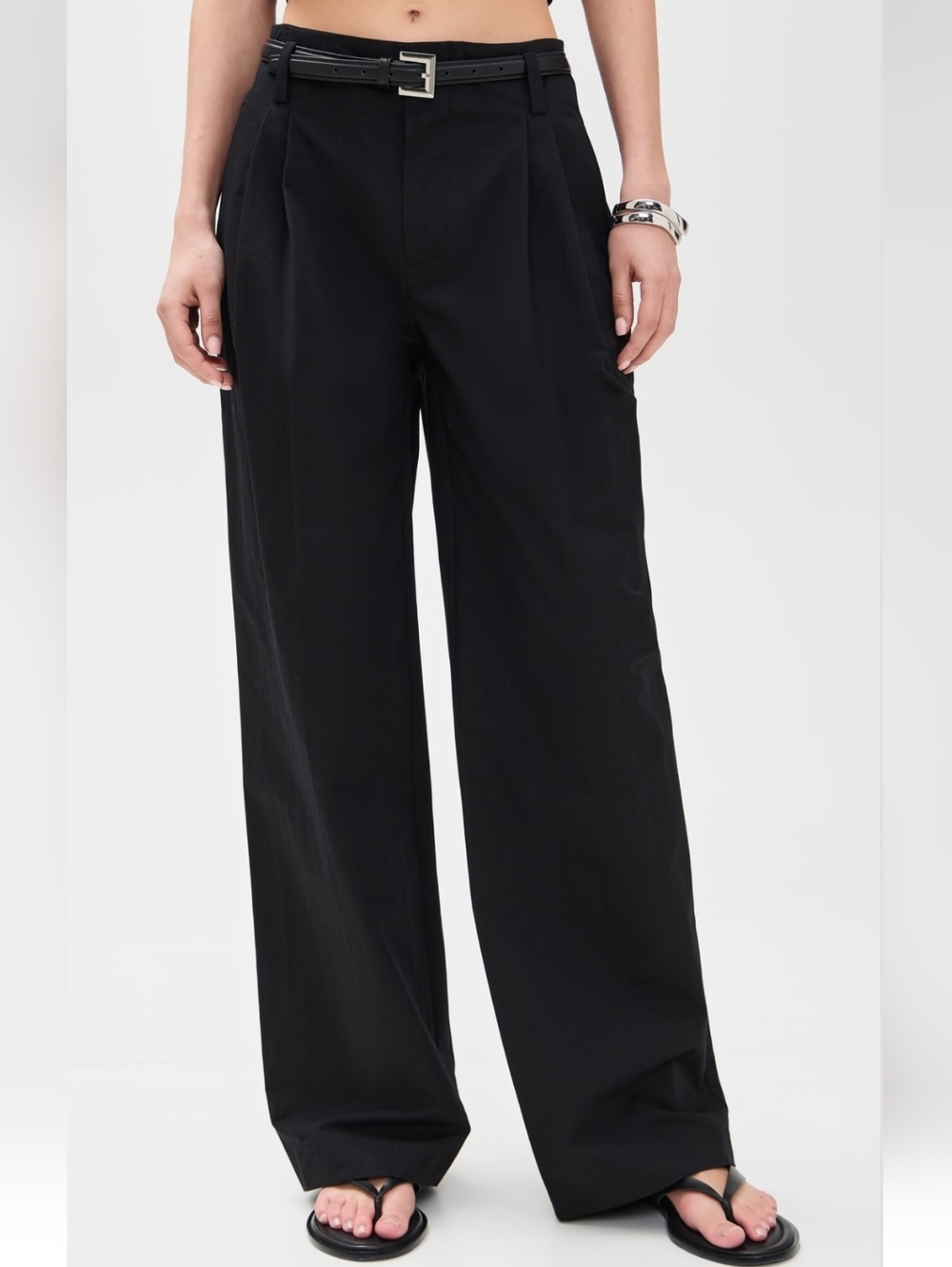 Vince Pleat-Front Wide-Leg Trousers Black XS Elastic Back High Rise